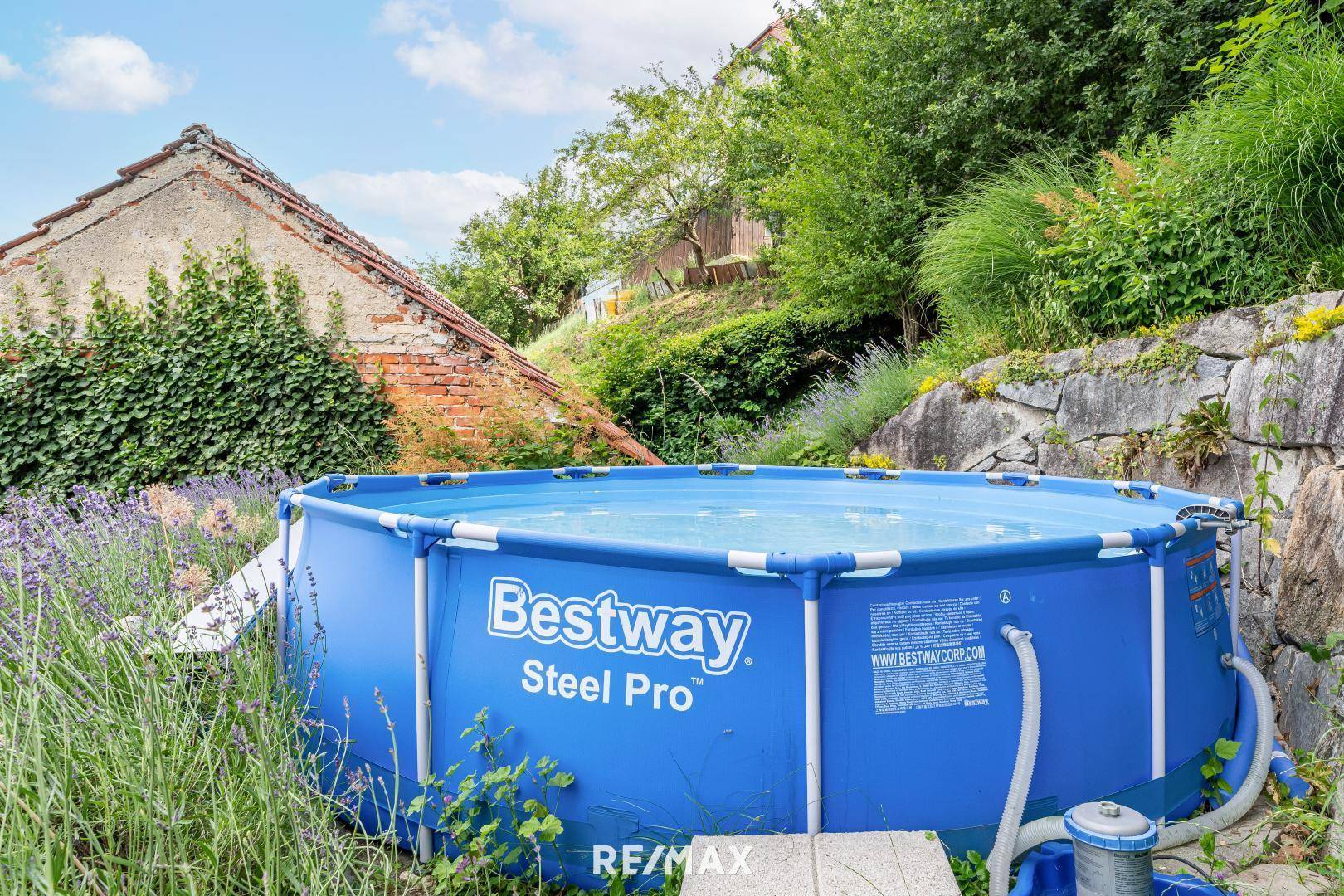 Aufstellpool im Gartenbereich, umgeben von natürlicher Vegetation und einer alten Steinmauer.