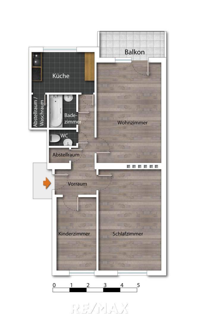 Detaillierter Grundriss der Wohnung mit Raumaufteilung und Balkonzugang.
