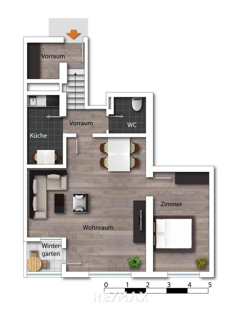 Grundriss des Erdgeschosses mit Wohnraum, Küche, Wintergarten und Schlafzimmer.