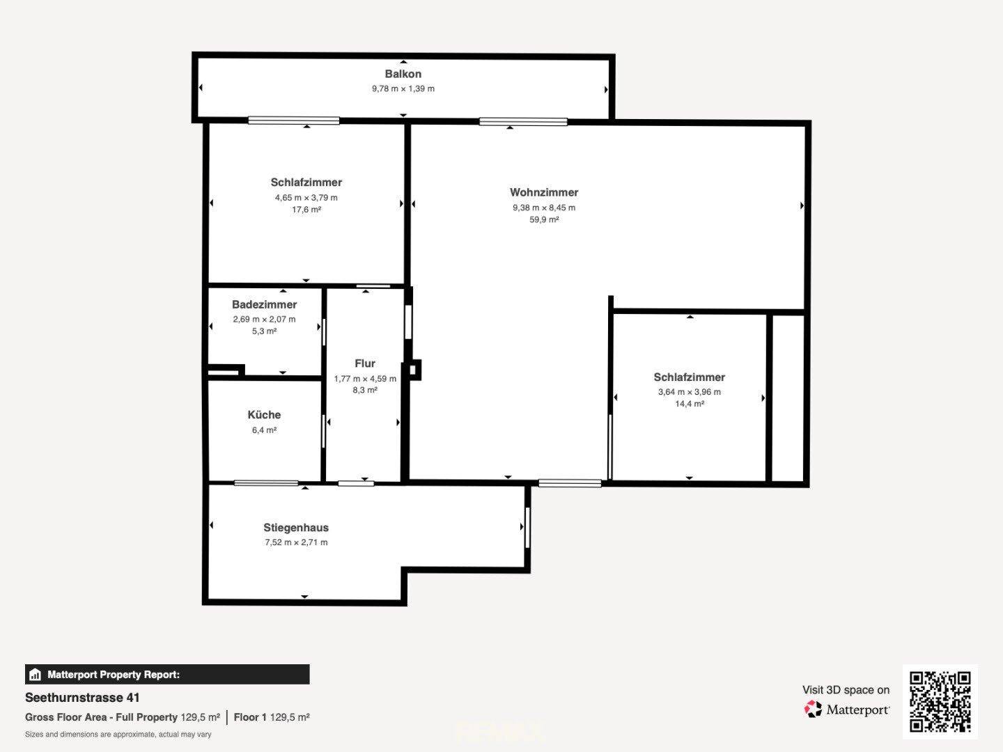 Grundriss der Wohnung mit Balkon, Schlafzimmern, Wohnzimmer, Bad und Küche.