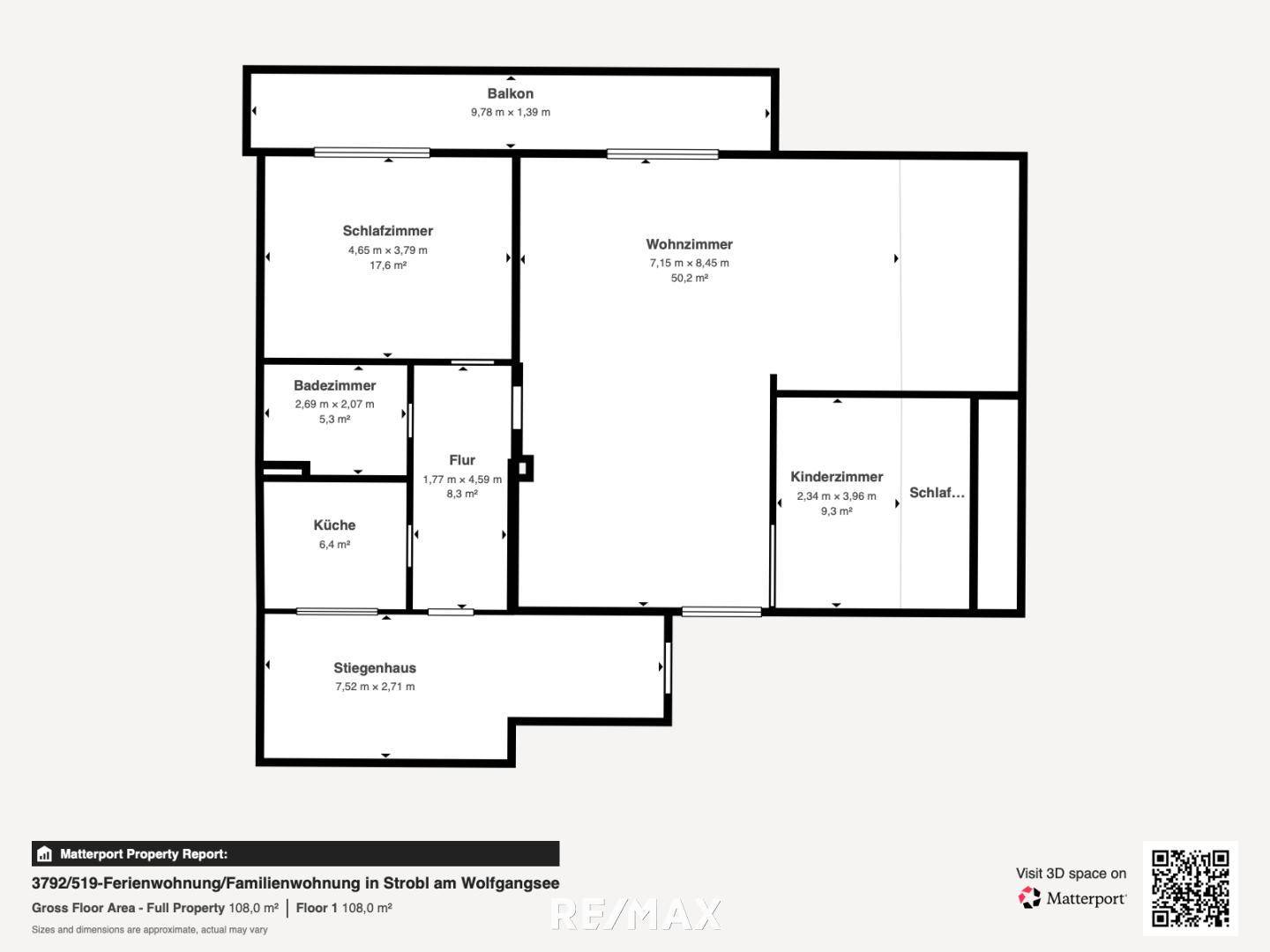 Grundriss der Wohnung mit Balkon, Schlafzimmer, Kinderzimmer und separater Küche.