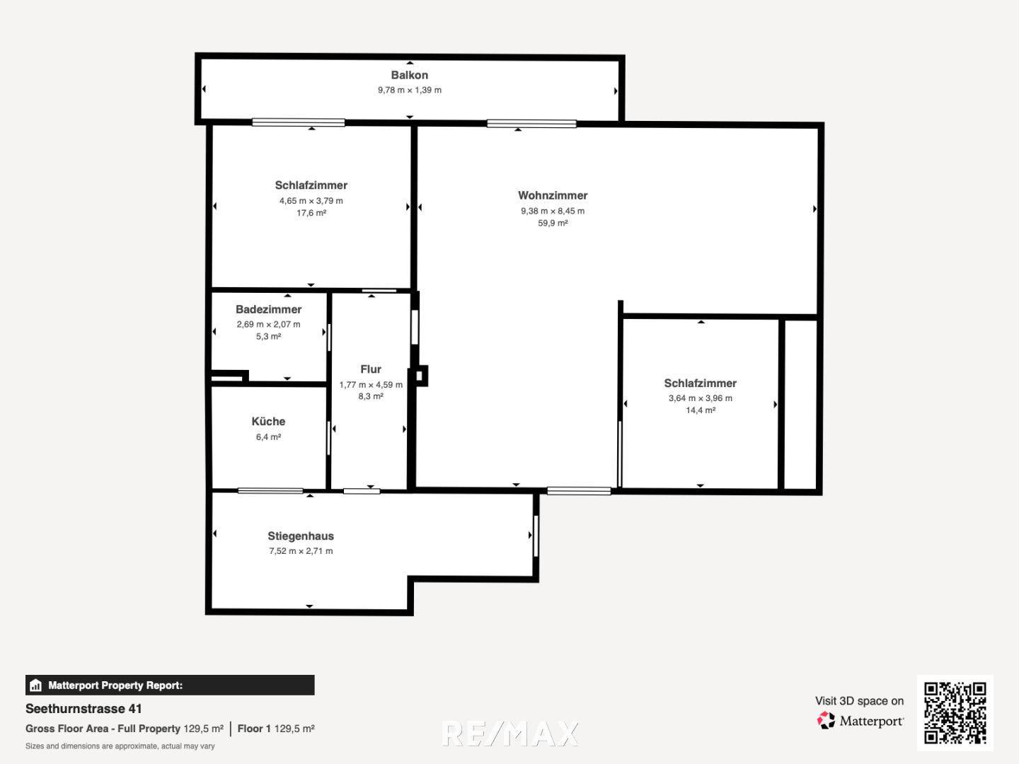 Grundriss der Wohnung mit Balkon, zwei Schlafzimmern und separater Küche.