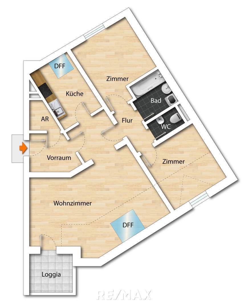 Grundriss einer Wohnung mit Wohnzimmer, Küche, zwei Schlafzimmern, Bad, separatem WC und Loggia.