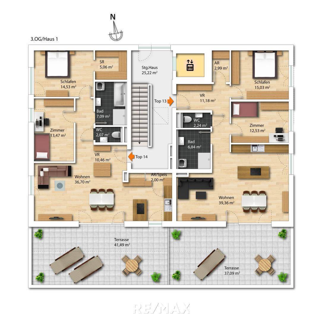 Grundriss des 3. Obergeschosses mit zwei Wohnungen, jeweils mit Schlafzimmern, Bädern und großer Terrasse.