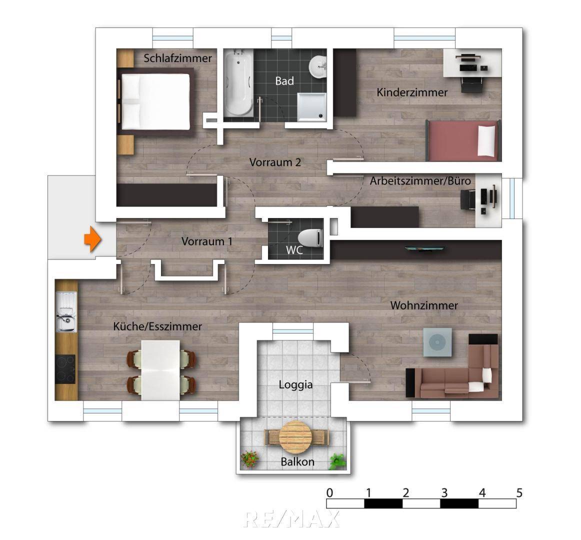 Detaillierter Grundriss einer Wohnung mit Schlafzimmern, Bad, WC, Wohnzimmer, Küche und Loggia.