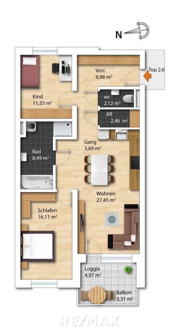 Detaillierter Grundriss der Wohnung mit Loggia und Balkon.