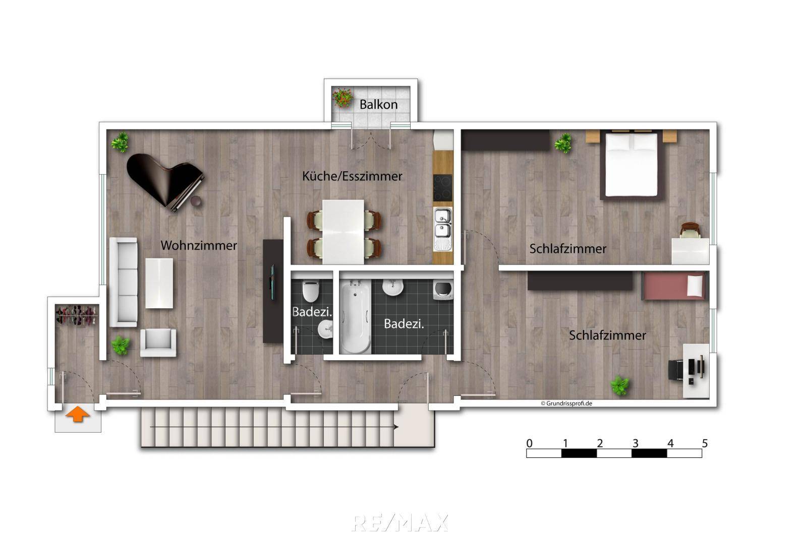 Grundriss einer Wohnung mit Wohnzimmer, Küche/Esszimmer, zwei Schlafzimmern und zwei Bädern.