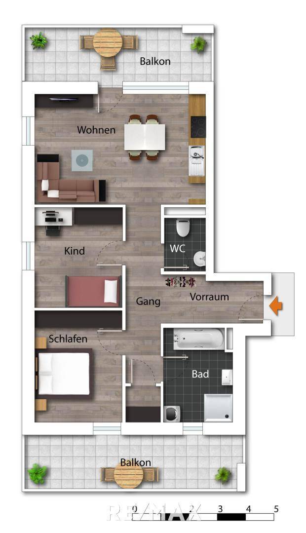 Detaillierter Grundriss einer Wohnung mit zwei Balkonen und offener Wohnküche.