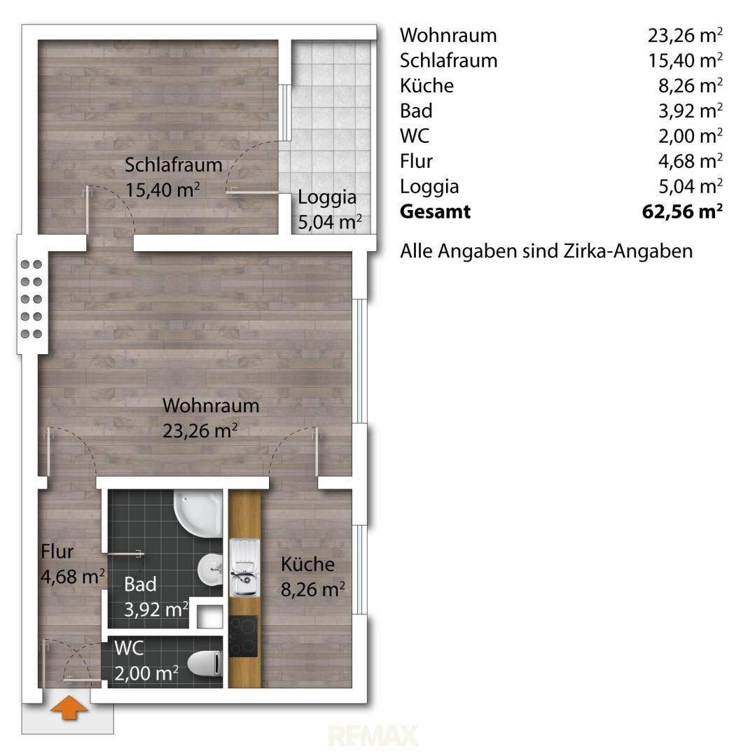 Grundriss der Wohnung mit Wohnraum, Schlafzimmer, Küche, Bad und Loggia.