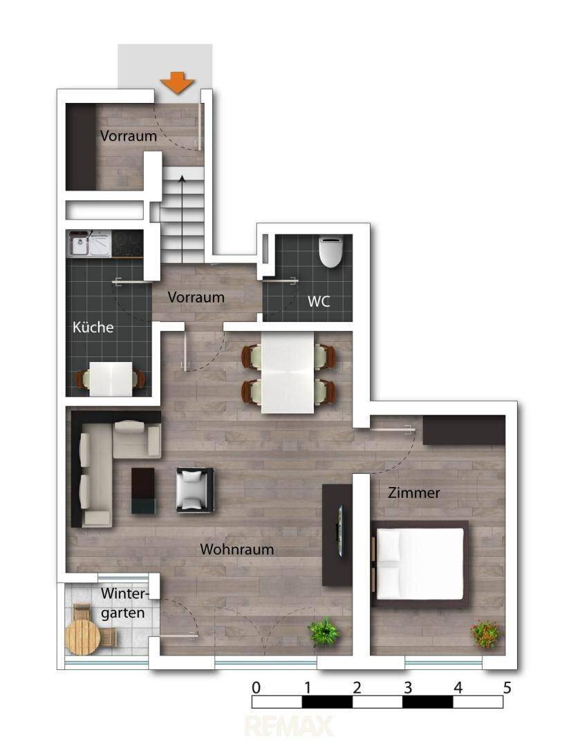 Grundriss der unteren Etage mit Wohnraum, Küche, Wintergarten und einem Schlafzimmer.