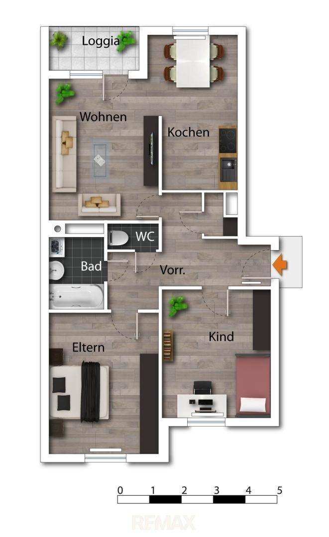 Detaillierter Grundriss der Wohnung mit Loggia, Bad und separatem WC.