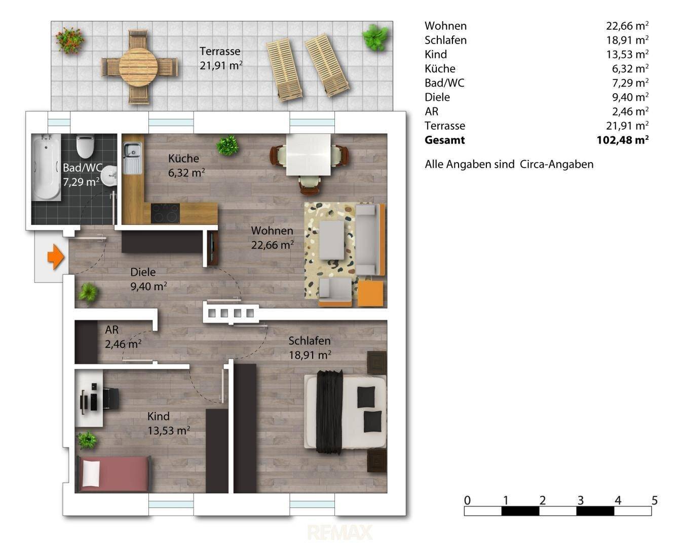 Grundriss der Wohnung mit drei Schlafzimmern, Wohnbereich und Terrasse.