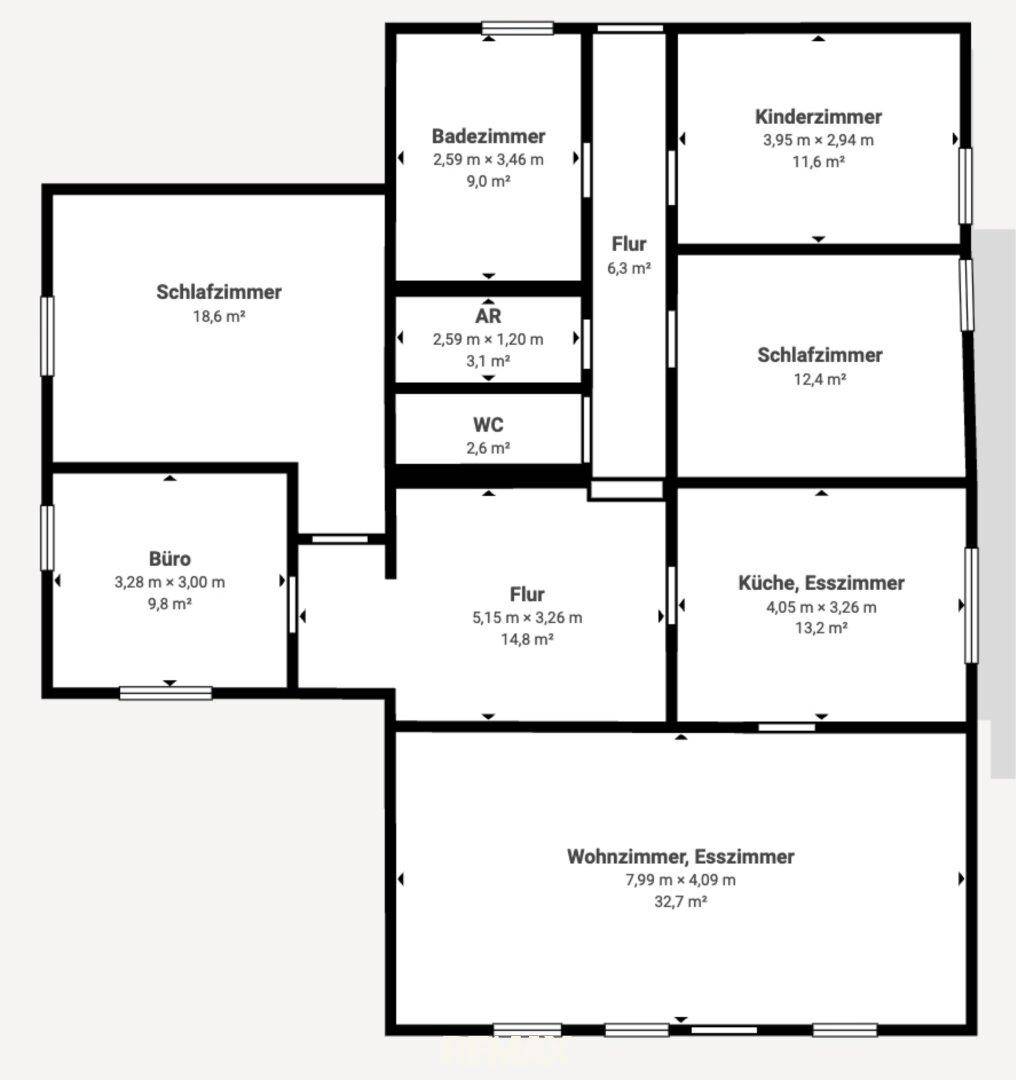 Übersichtlicher Grundriss mit Schlafzimmern, Büro, Badezimmer, Küche, Esszimmer und einem kombinierten Wohn-Essbereich.