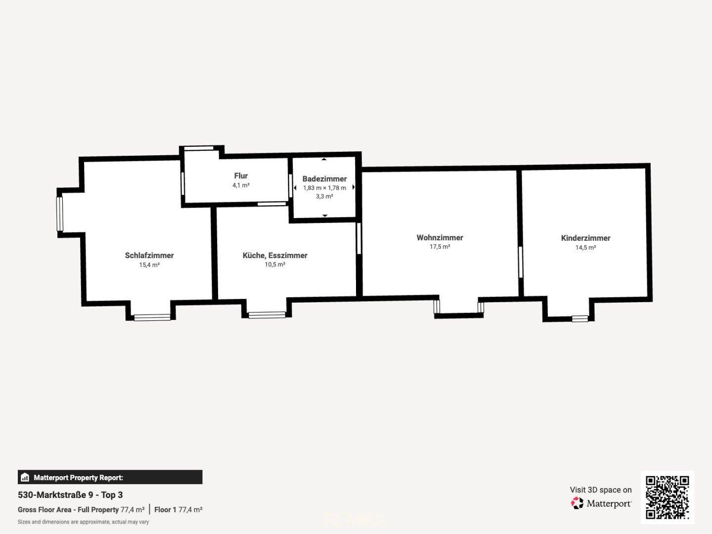 Grundriss von Top 3 mit Schlafzimmer, Wohnzimmer, Kinderzimmer, offener Küche/Esszimmer und Bad.