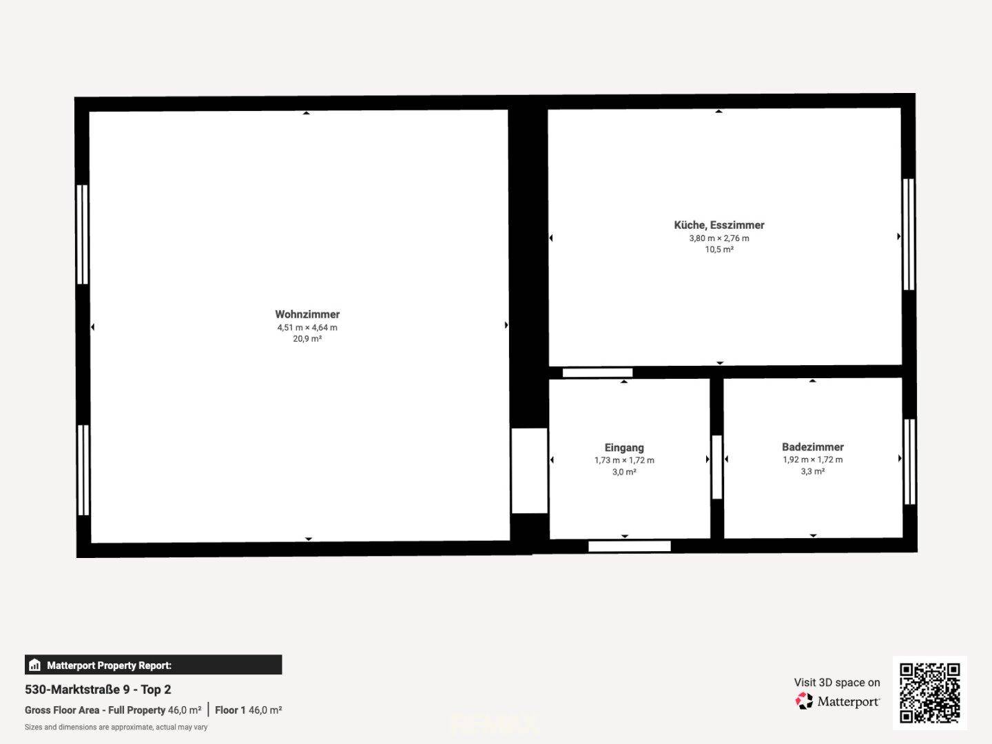 Grundriss von Top 2 mit Wohnzimmer, offener Küche/Esszimmer, Eingang und Badezimmer.