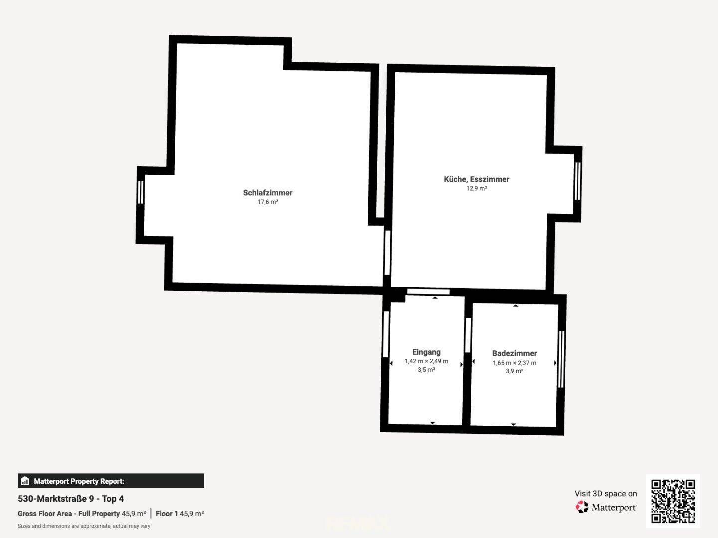 Grundriss von Top 4 mit Schlafzimmer, offener Küche/Esszimmer, Eingang und Badezimmer.