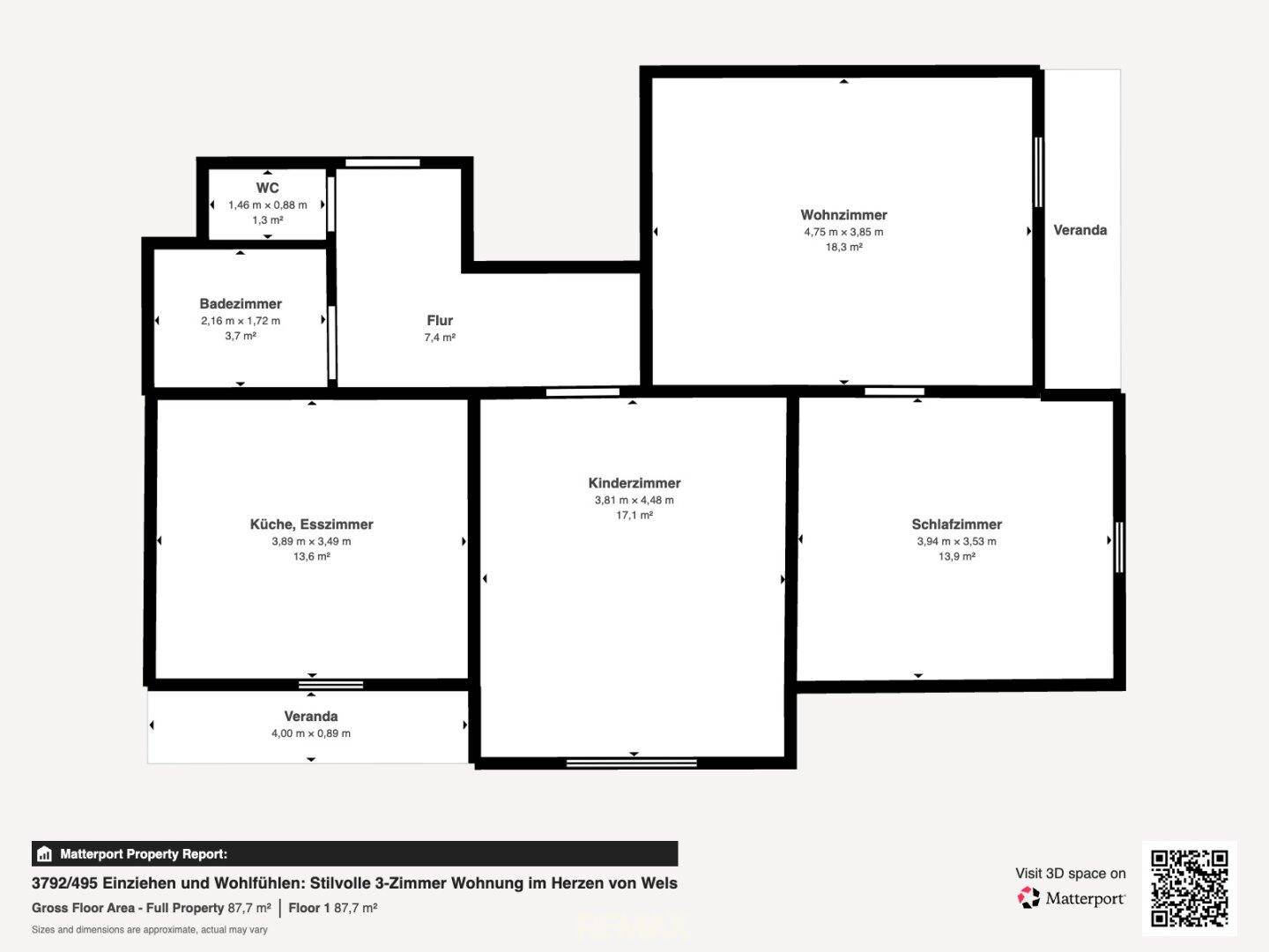 Grundriss einer 3-Zimmer-Wohnung mit separatem WC, Badezimmer, Küche-Esszimmer und zwei Veranden.