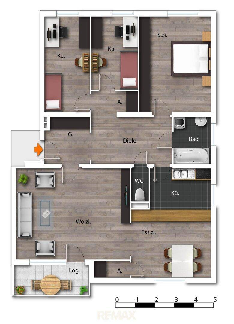 Grundriss einer Wohnung mit drei Schlafzimmern, separater Küche, Wohn- und Esszimmer sowie einer Loggia.