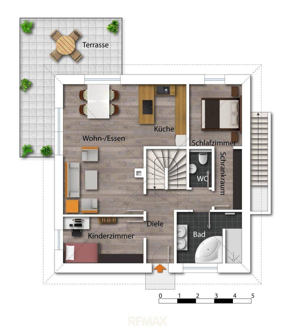 Grundriss des Erdgeschosses mit offenem Wohn-Essbereich, Küche, Schlafzimmer und Terrasse.