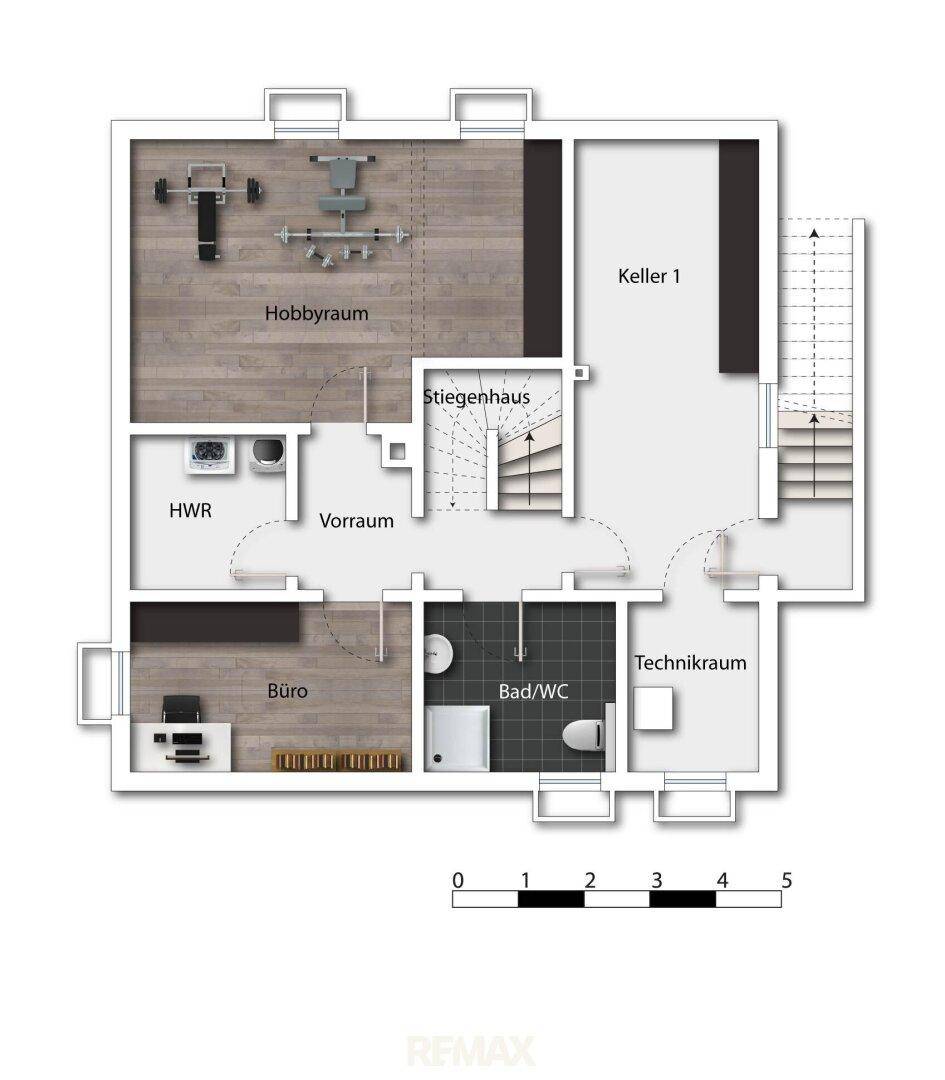 Grundriss des Untergeschosses mit Hobbyraum, Büro, Keller und Technikraum.