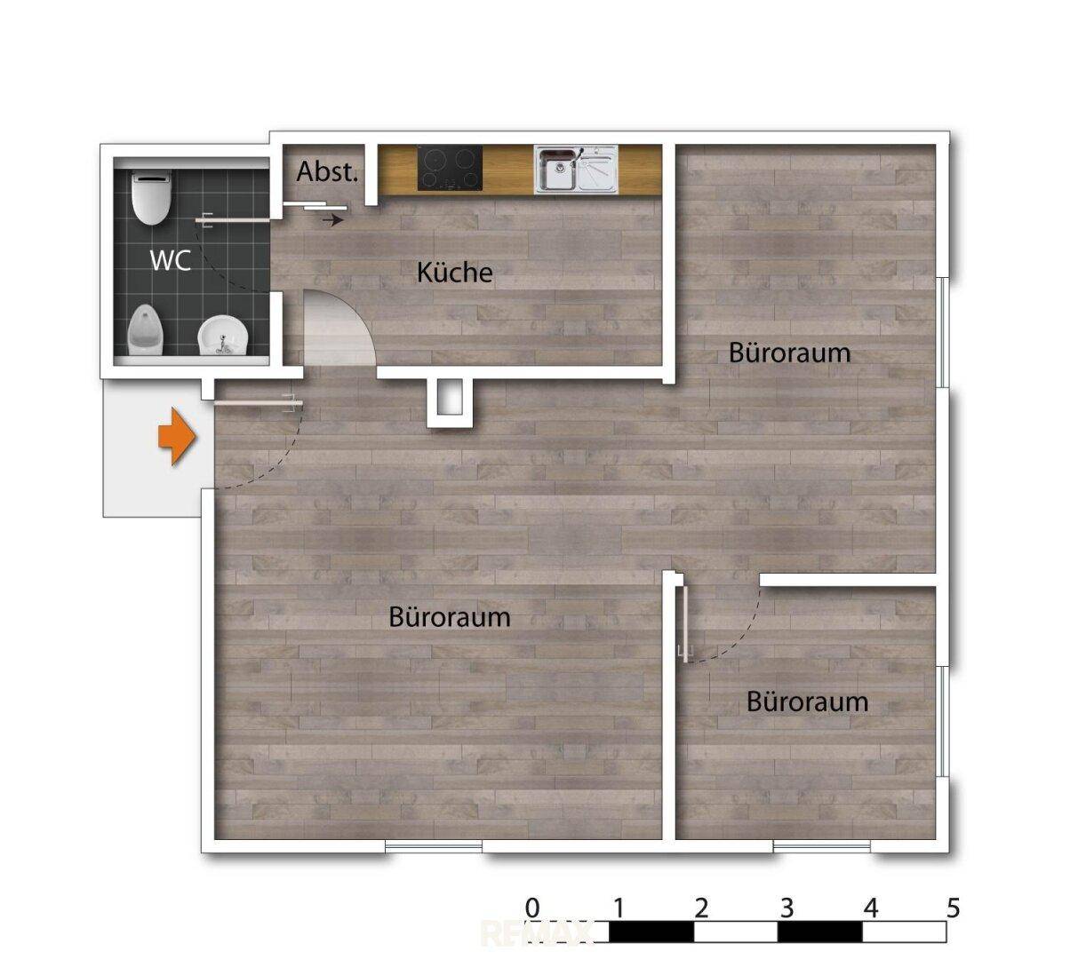 Grundriss einer Büroeinheit mit drei Büroräumen, einer Küche und einem separaten WC.