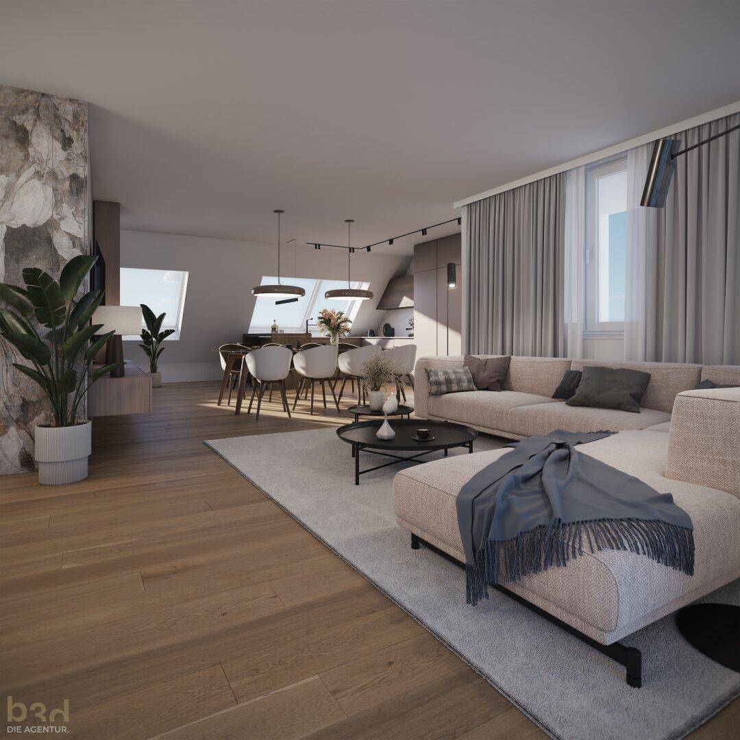 Geräumiger offener Wohnbereich mit Holzboden, bequemer Couch und Blick auf den Essbereich.