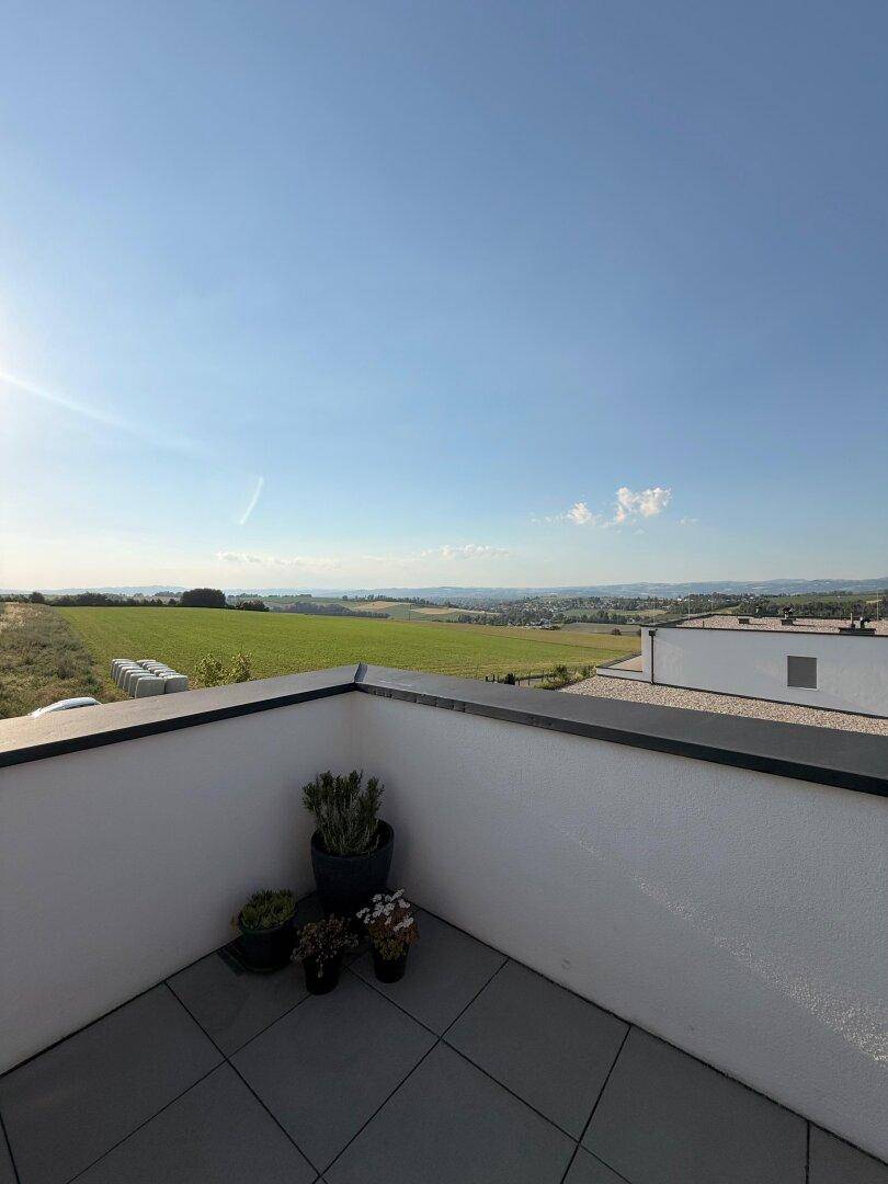 Kleiner Eckbalkon mit Pflanzen und weitem, unverbautem Blick über die grüne Landschaft.
