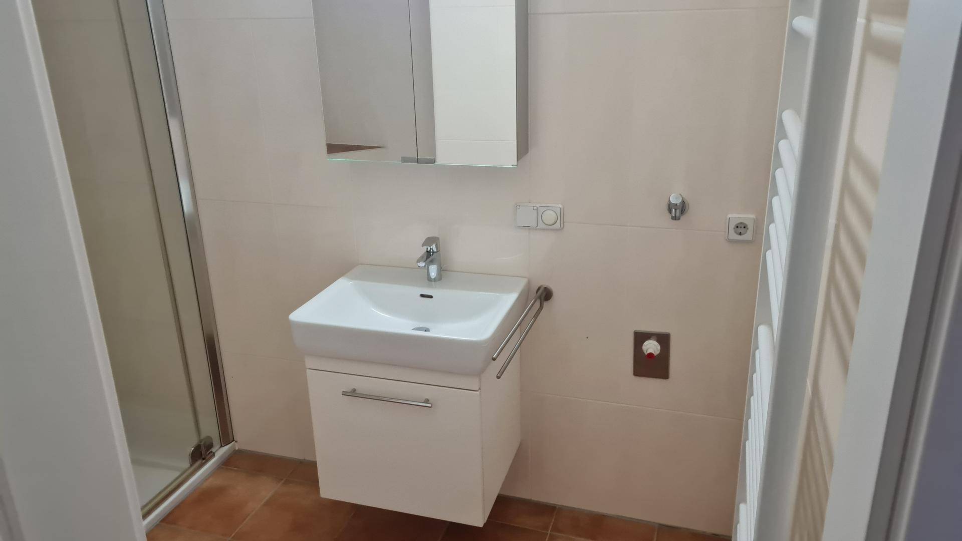 Modernes Badezimmer mit Einzelwaschbecken, Spiegelschrank und beheiztem Handtuchhalter.