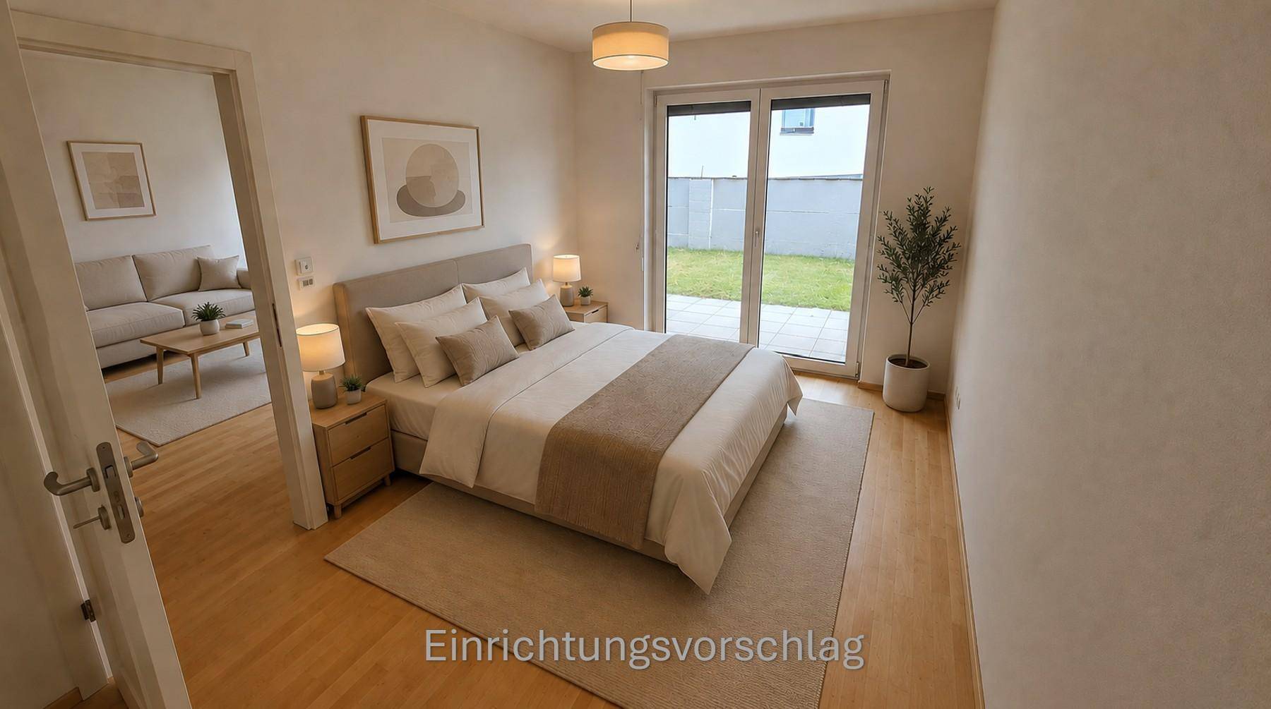 Helles Schlafzimmer mit Doppelbett, Holzboden und direktem Zugang zum Garten.
