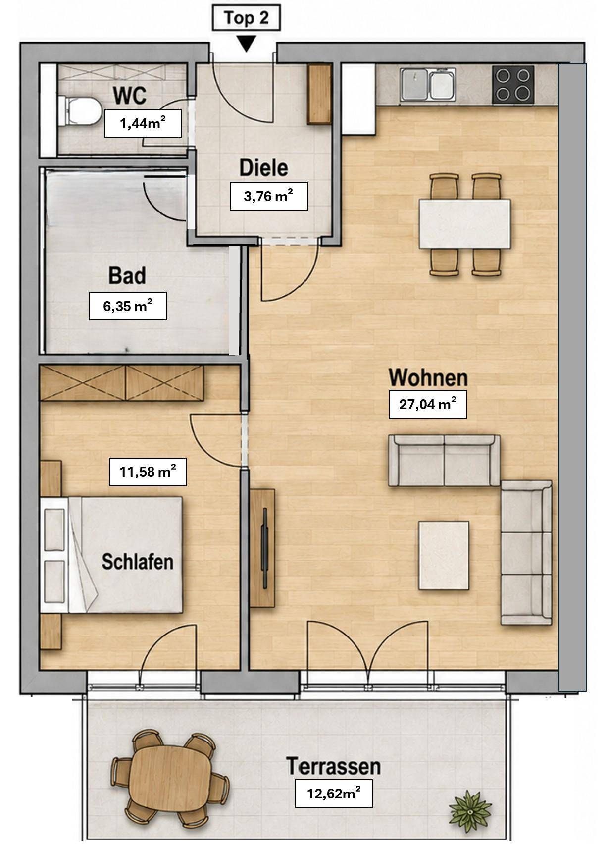 Detaillierter Grundriss einer Wohnung mit offenem Wohnbereich, Schlafzimmer und großer Terrasse.
