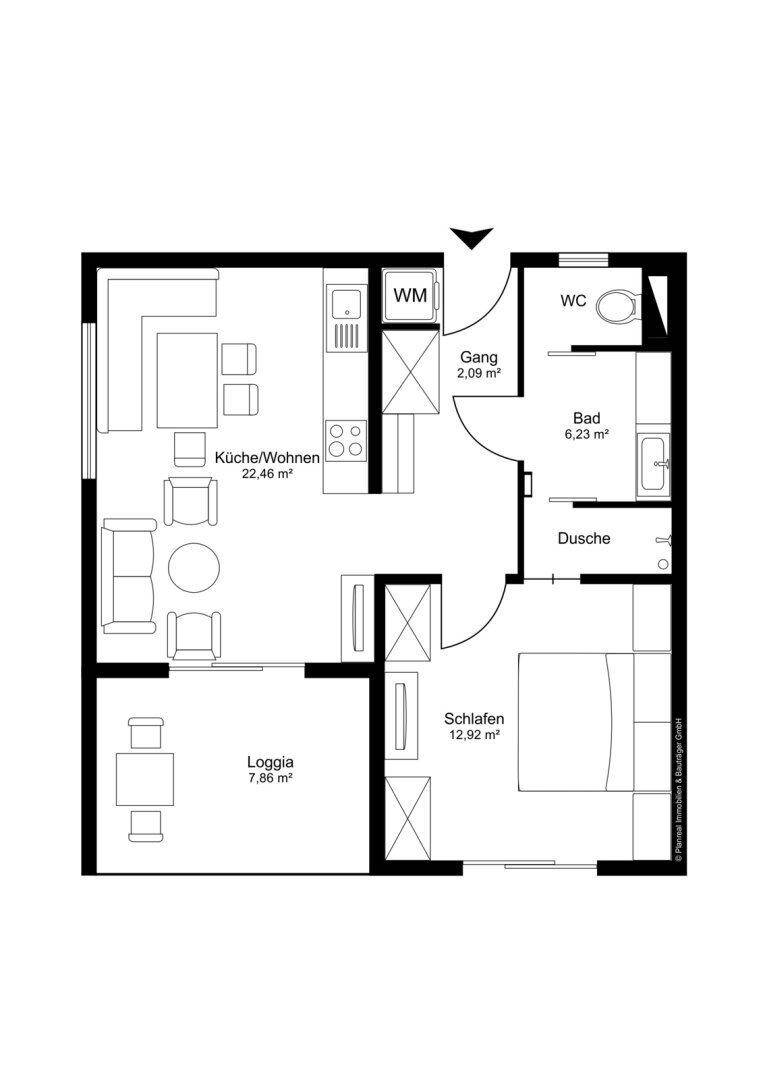 Grundriss einer Wohnung mit offenem Wohnbereich, Schlafzimmer, Bad, WC und einer Loggia.