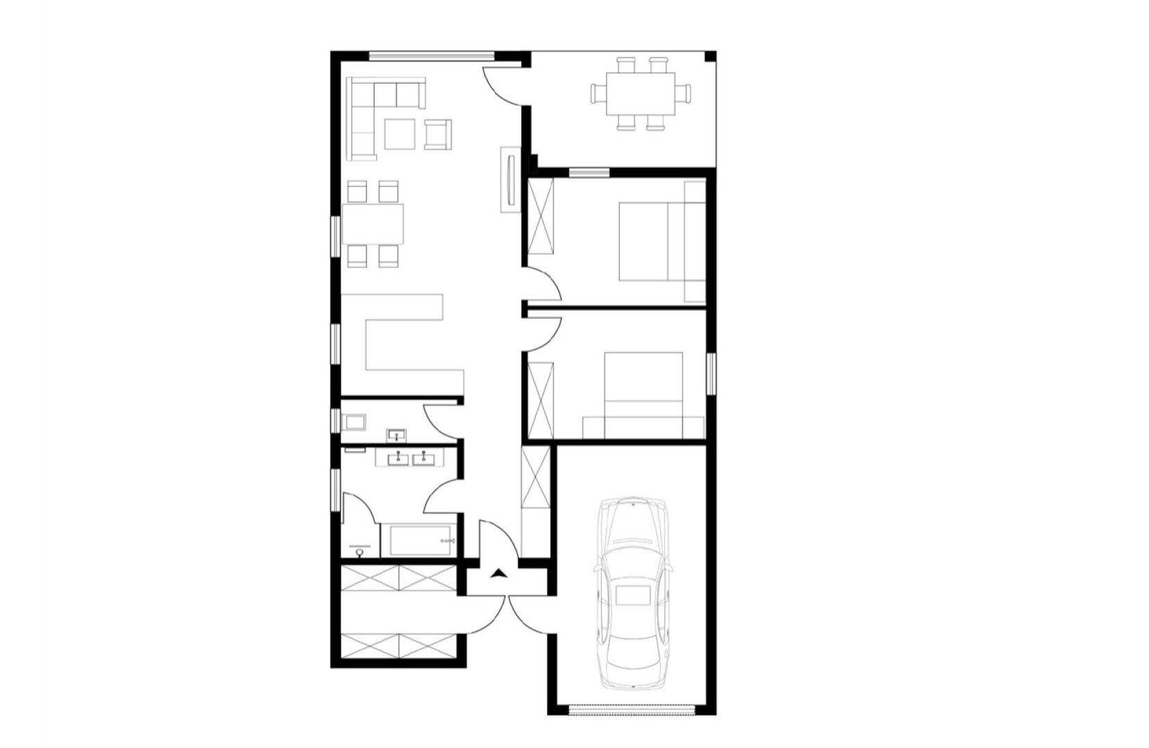 Grundriss zeigt ein Haus mit offenem Wohnbereich, Esszimmer, zwei Schlafzimmern und integrierter Garage.