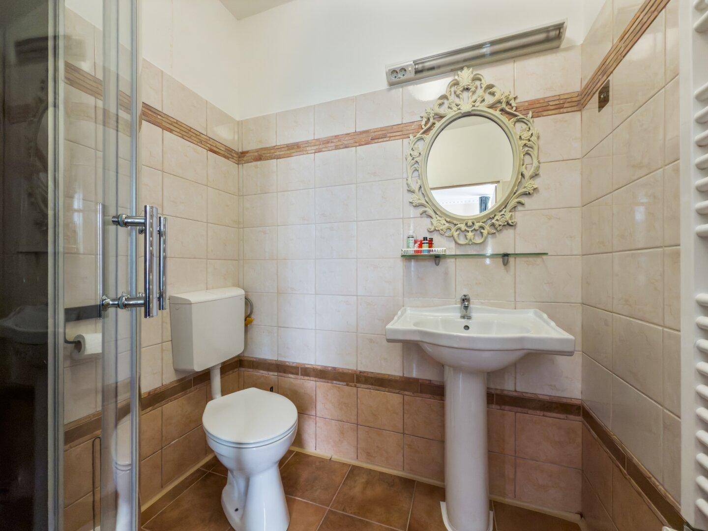 Badezimmer mit Duschkabine, WC, Waschtisch und einem ovalen, reich verzierten Spiegel.