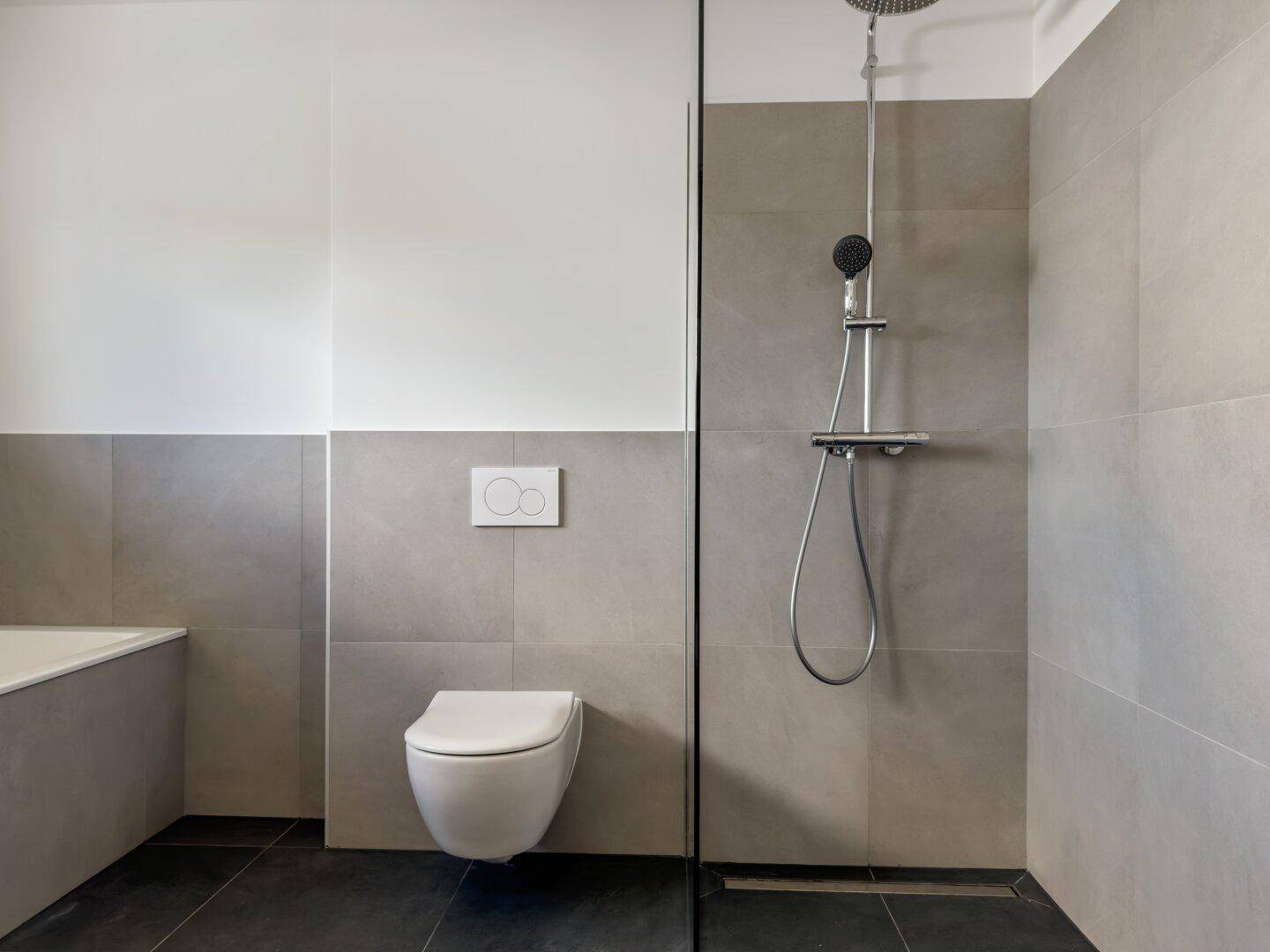 Walk-in-Dusche mit Regenduschkopf und wandhängendem WC in modern gefliestem Bad, funktional und stilvoll.