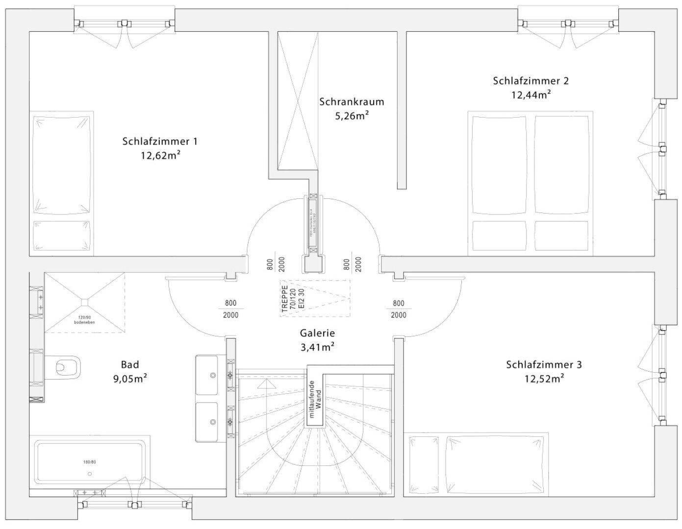 Grundriss des Obergeschosses mit drei Schlafzimmern, Bad und Schrankraum, gut aufgeteilt.