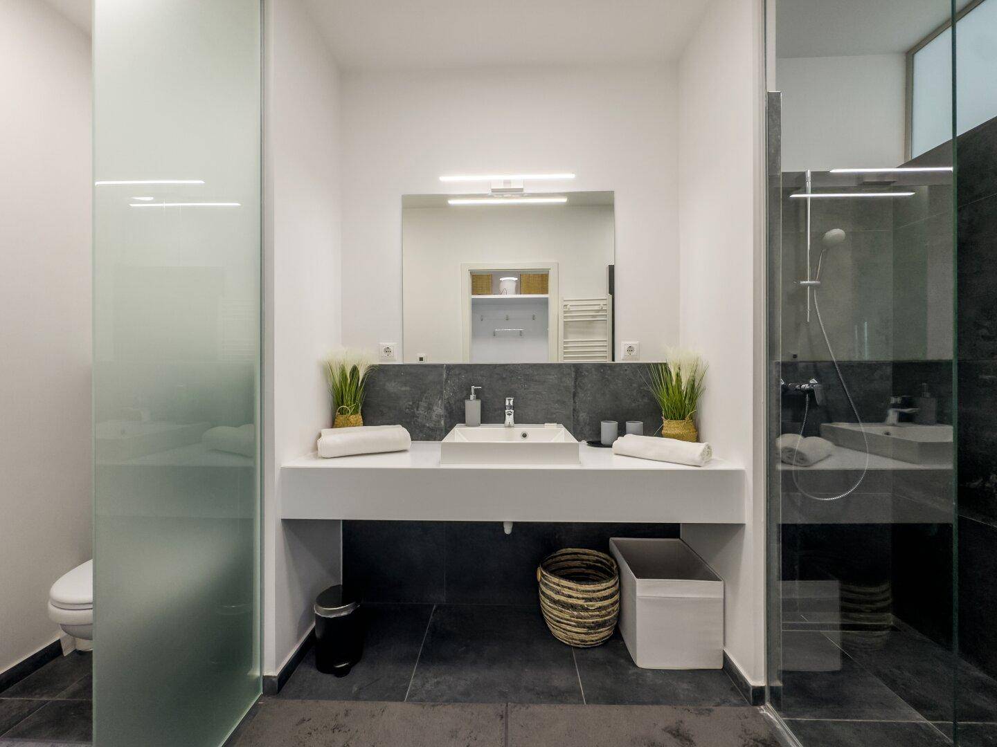 Modernes Badezimmer mit großem Waschtisch, Spiegel und begehbarer Dusche.