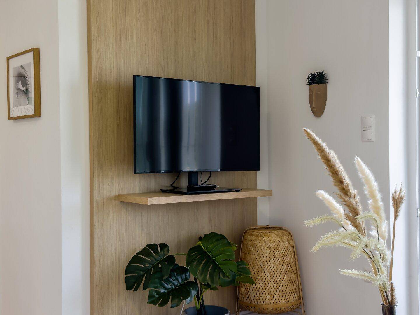 Detailansicht des modernen TV-Bereichs mit Holzverkleidung und Dekorationselementen.
