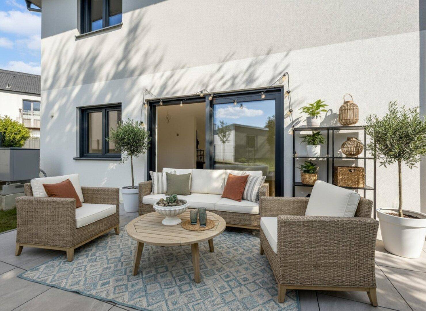 Gemütliche Terrasse mit Rattanmöbeln, Pflanzen und direktem Zugang zum Wohnbereich.