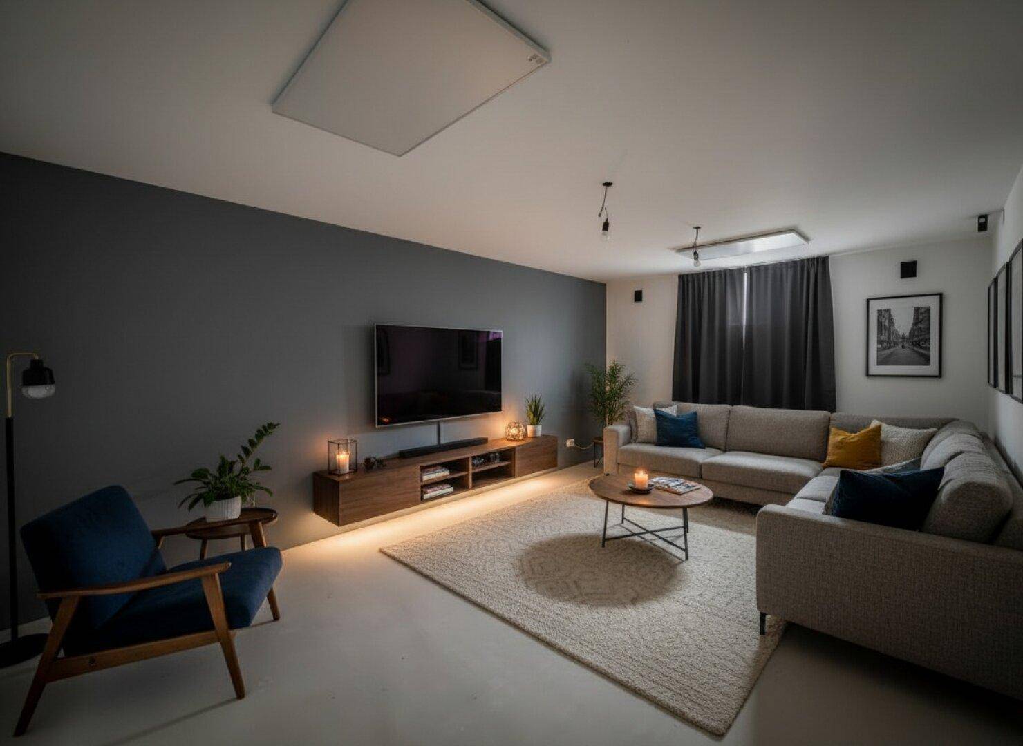 Gemütlicher Wohnbereich im Untergeschoss mit Sofa, TV und indirekter Beleuchtung.