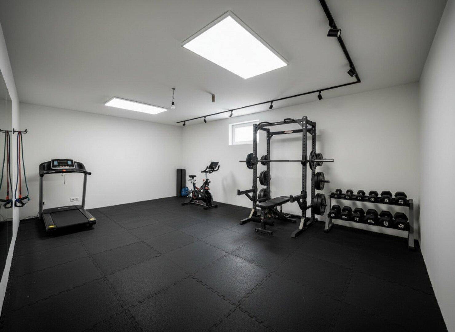 Gut ausgestatteter Fitnessraum im Untergeschoss mit verschiedenen Trainingsgeräten.