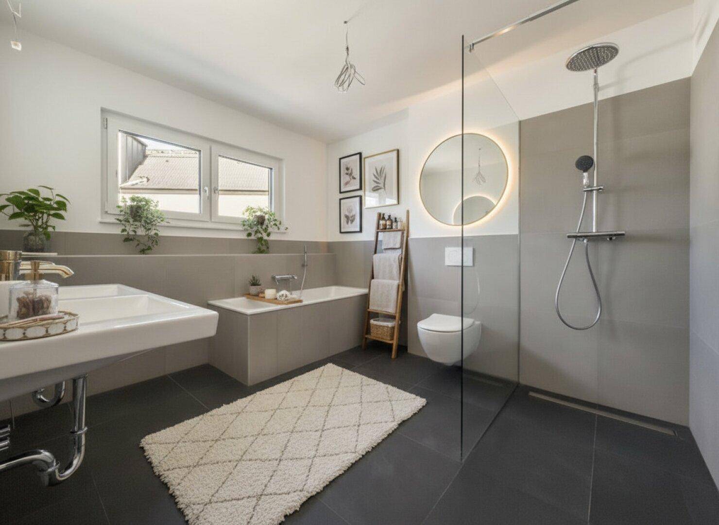 Stilvolles Badezimmer mit Badewanne, Dusche, Fenster und modernen Armaturen.