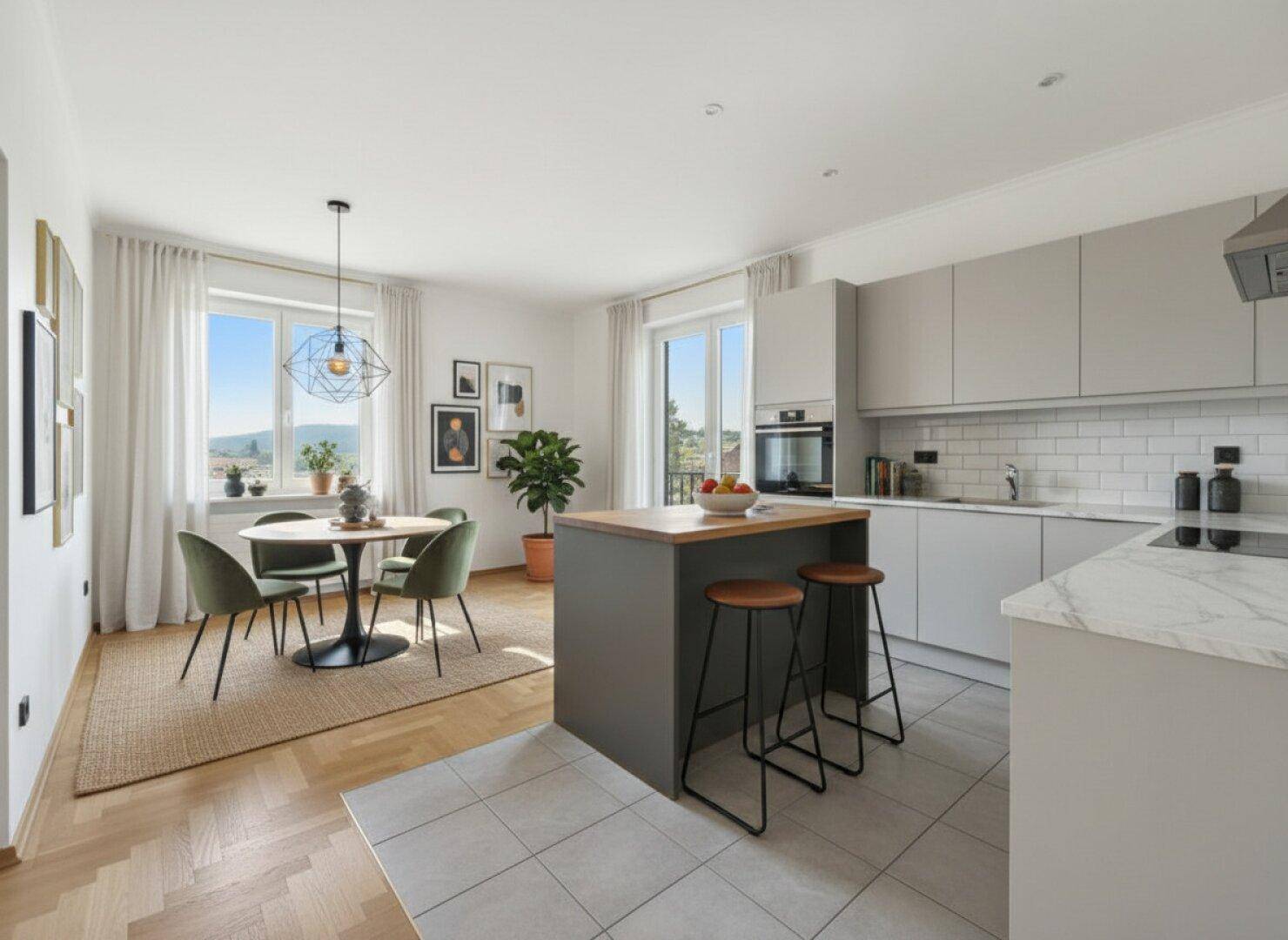 Moderne offene Küche mit Essbereich, Kücheninsel und hellem Parkettboden.