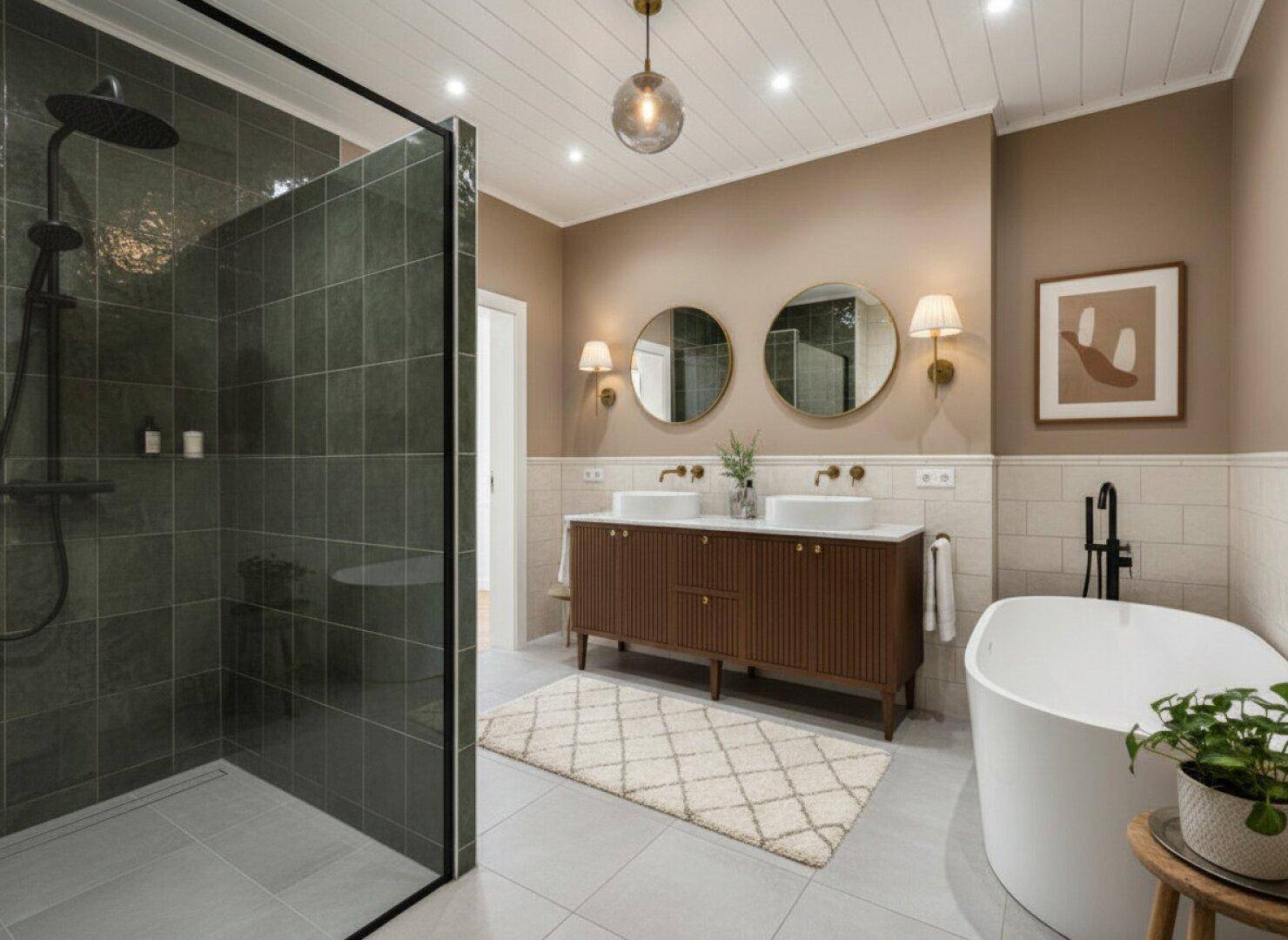 Modernes Badezimmer mit Doppelwaschbecken, freistehender Badewanne und großer Dusche.