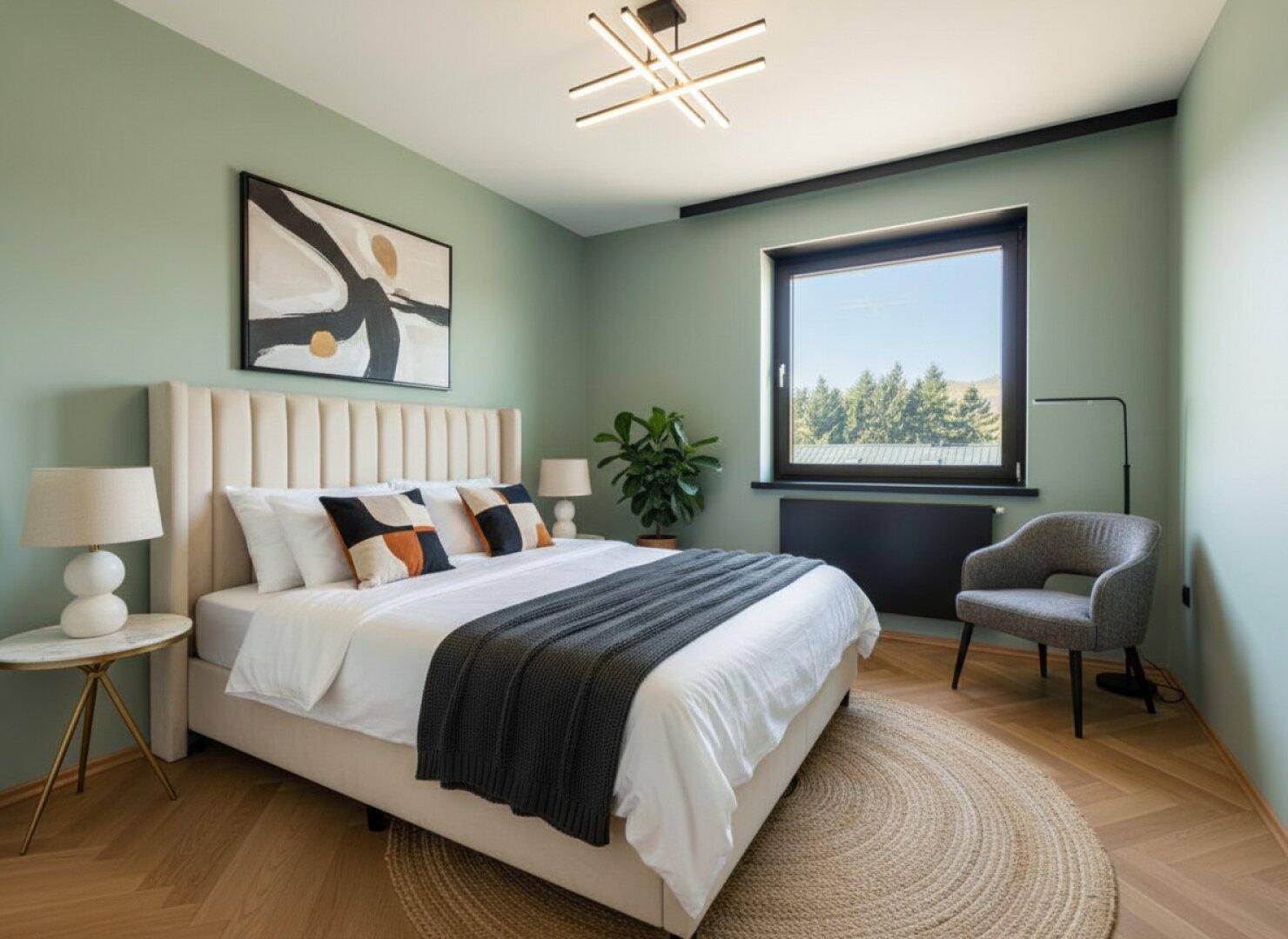 Modernes Schlafzimmer mit grünen Wänden, Parkettboden und großem Fenster.