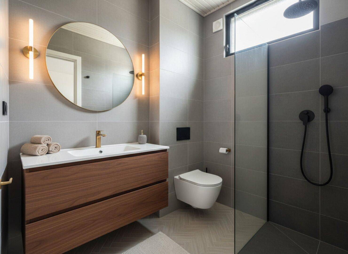 Modernes Badezimmer mit grauen Fliesen, Einzelwaschbecken und begehbarer Dusche.