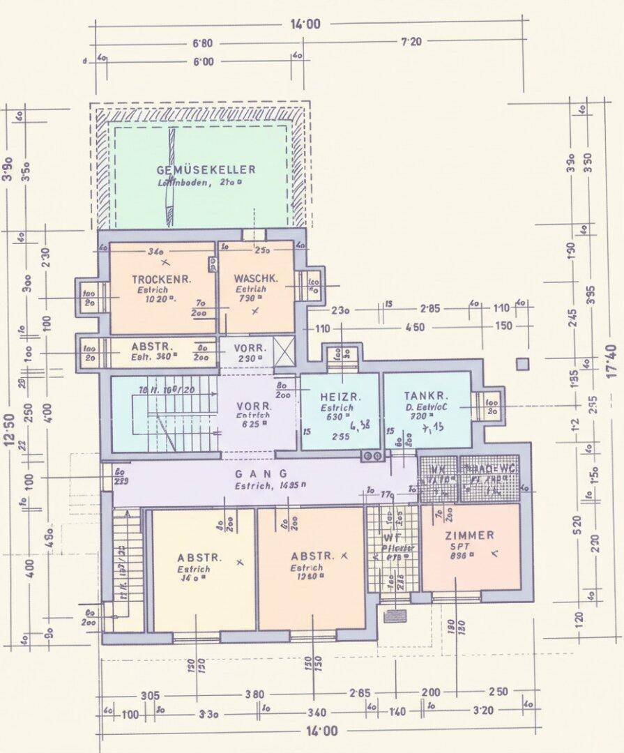 Grundriss des Untergeschosses mit Keller, Heizraum und Abstellräumen.