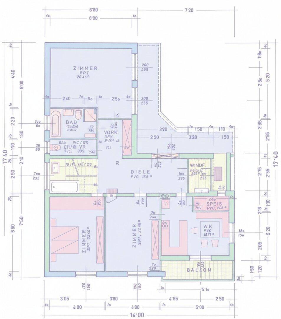 Grundriss des Erdgeschosses mit Wohnbereich, Schlafzimmern und Balkon.