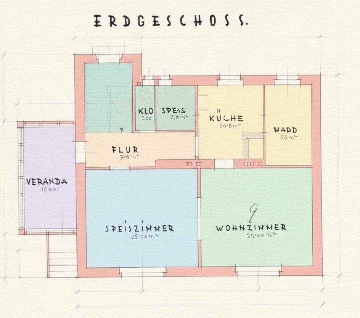 Grundriss des Erdgeschosses mit Wohnzimmer, Esszimmer, Küche und Veranda.