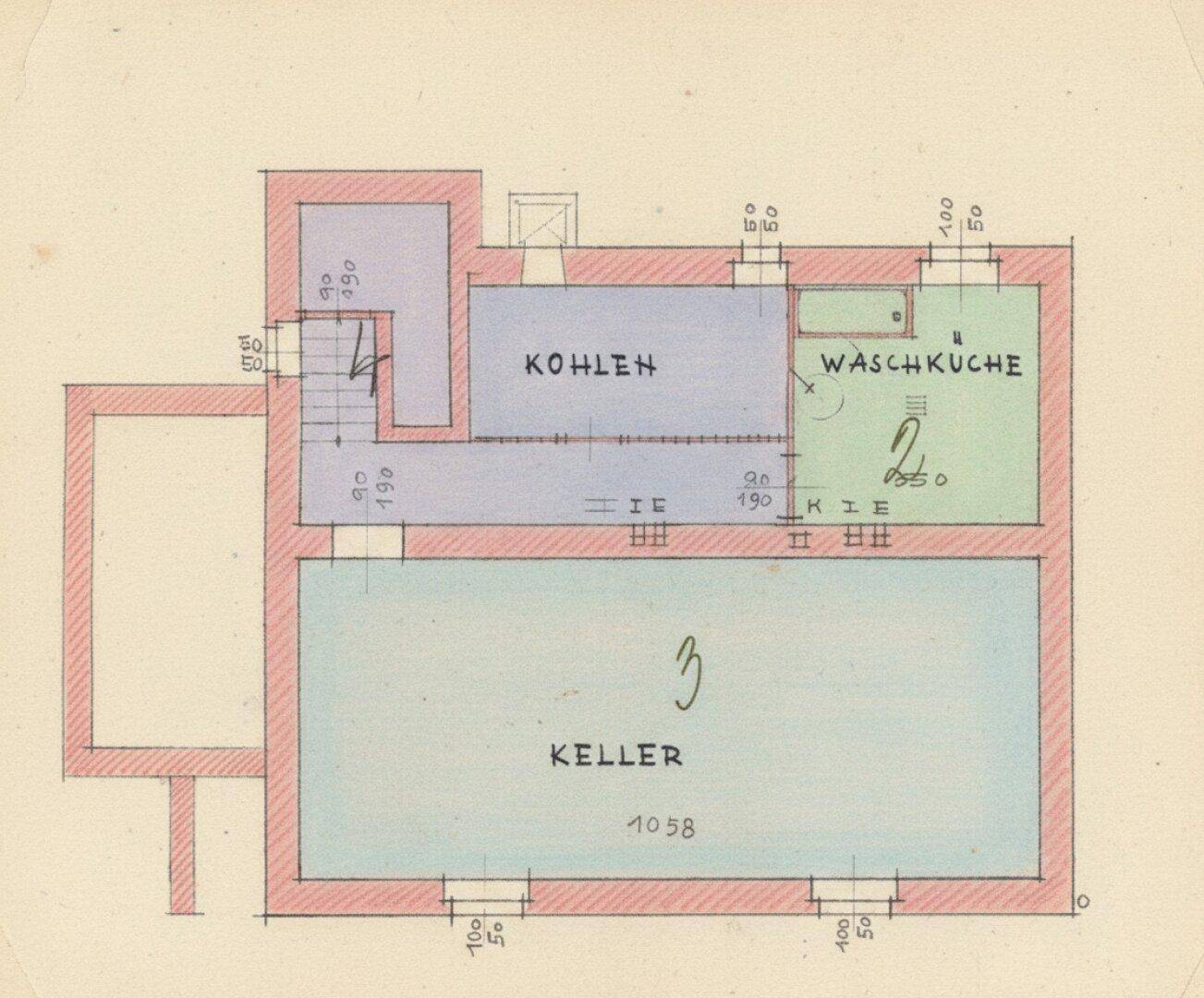 Grundriss des Kellergeschosses mit großem Kellerraum, Waschküche und Kohlenlager.
