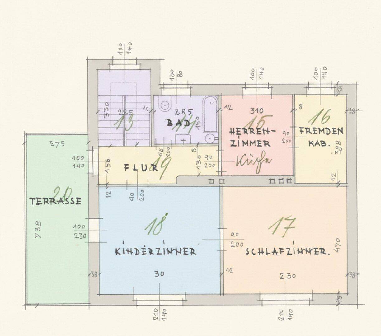 Grundriss des Obergeschosses mit Schlafzimmern, Kinderzimmer und Terrasse.